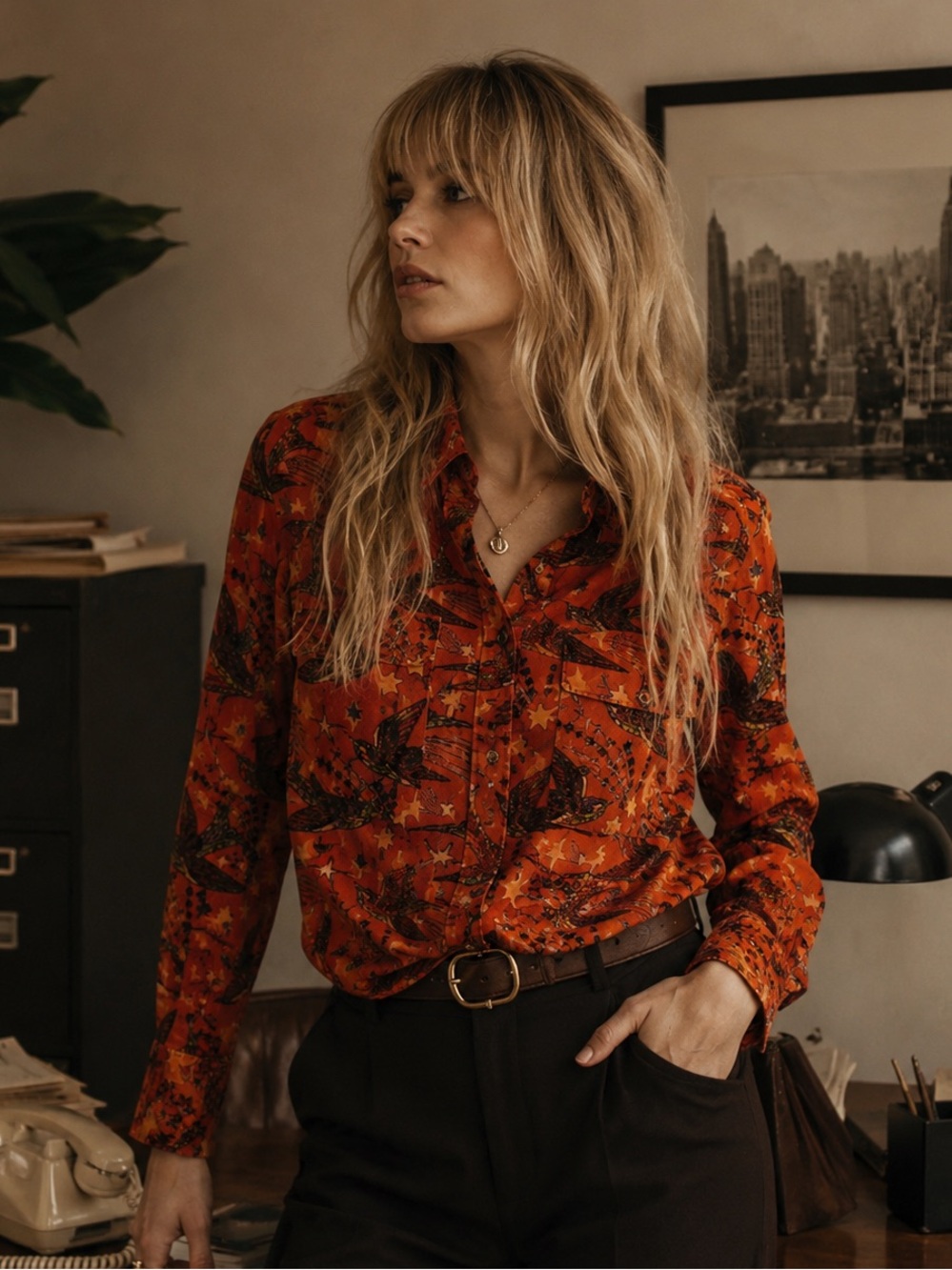 ANTHROPOLOGIE x MAEVE Birds + Boho Velveteen Shirt Orange Button Up 4 Festival